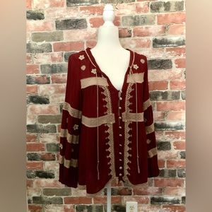 Free People Iris Cranberry Boho Peasant Blouse
